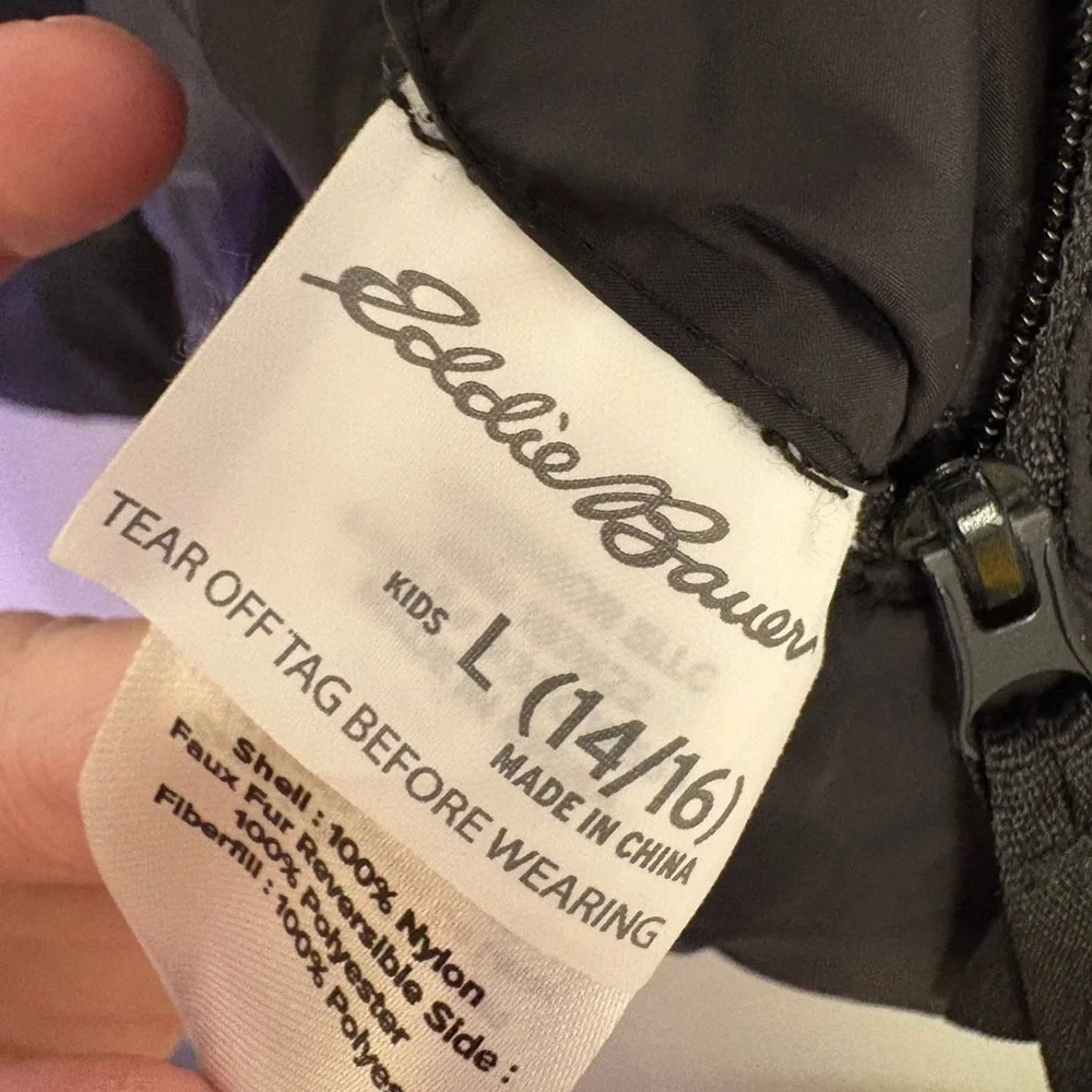 Eddie Bauer Reversible Jacket Youth Boys Large 14/16 Black Hooded Faux Fur
